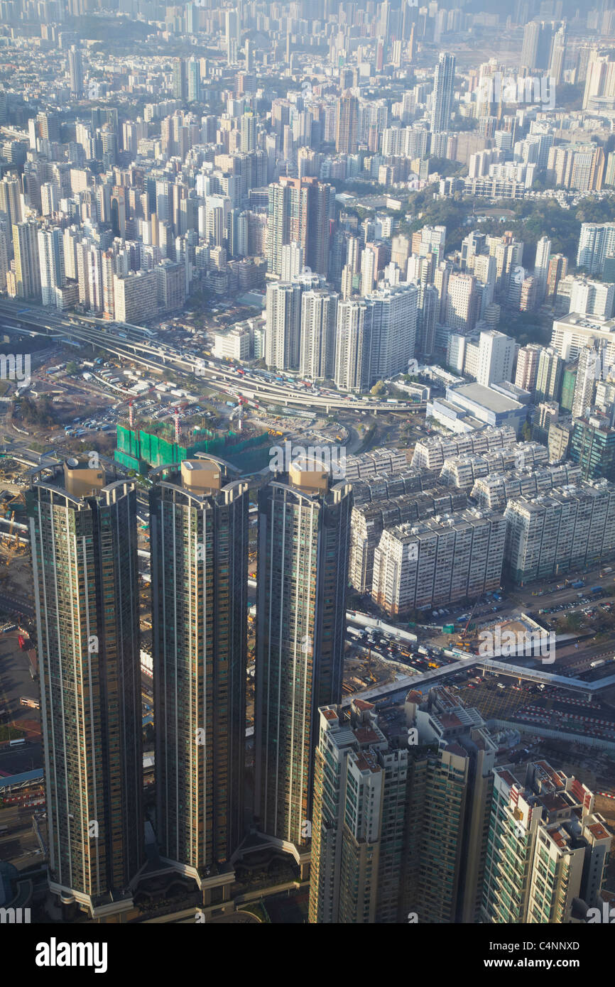 Luftaufnahme von West Kowloon von Sky 100 Aussichtsplattform in ICC (International Commerce Centre), West Kowloon, Hong Kong, China Stockfoto