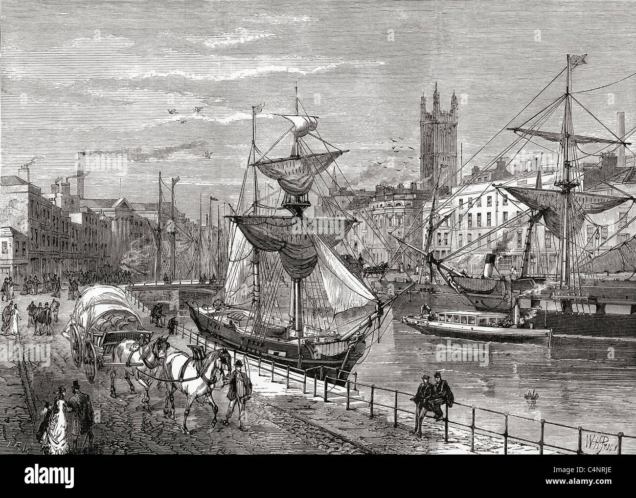 Bristol, England im späten 19. Jahrhundert von St. Augustine Kai gesehen. Stockfoto