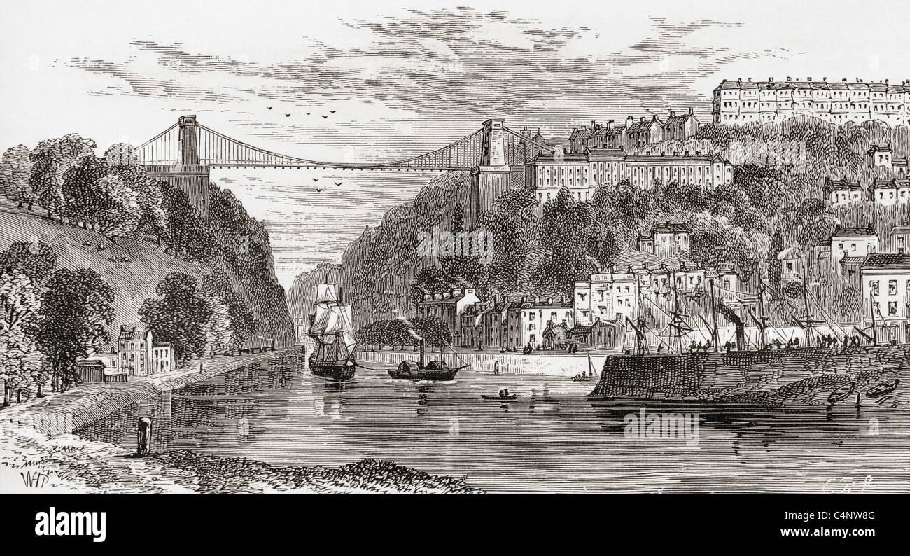 Die Clifton Suspension Bridge überspannt die Avon-Schlucht, Bristol, England im späten 19. Jahrhundert. Stockfoto