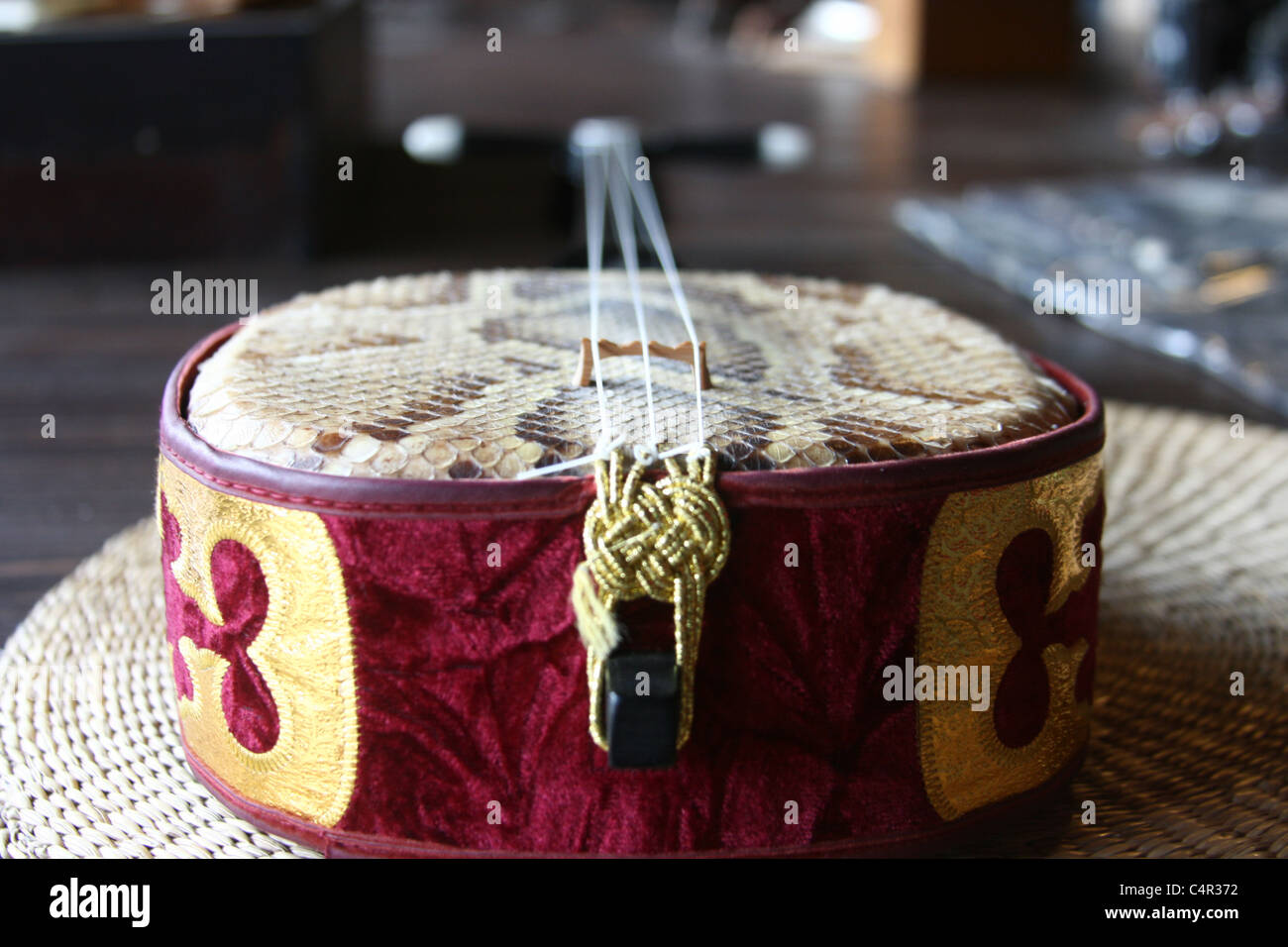 Nahaufnahme eines traditionellen japanischen Shamisen-Instruments Stockfoto