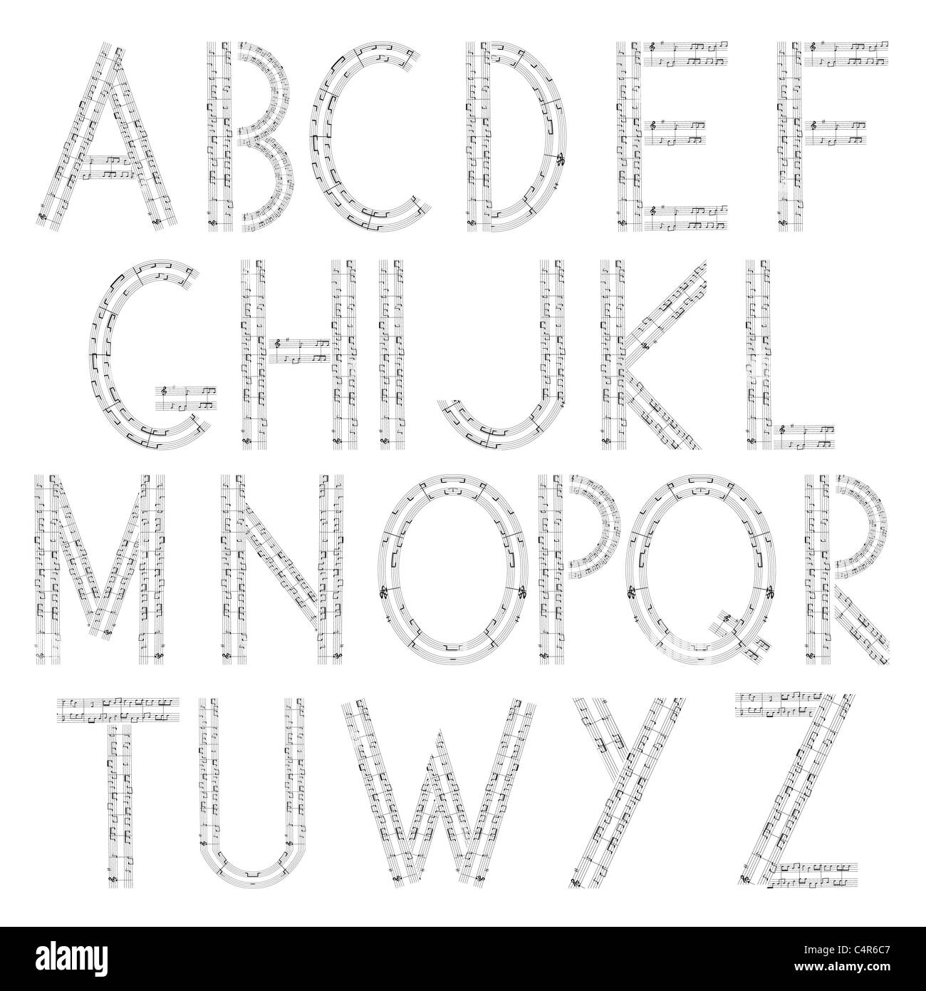 Musikalischen Alphabets, Siolated und gruppierten Objekten auf weißem Hintergrund Stockfoto