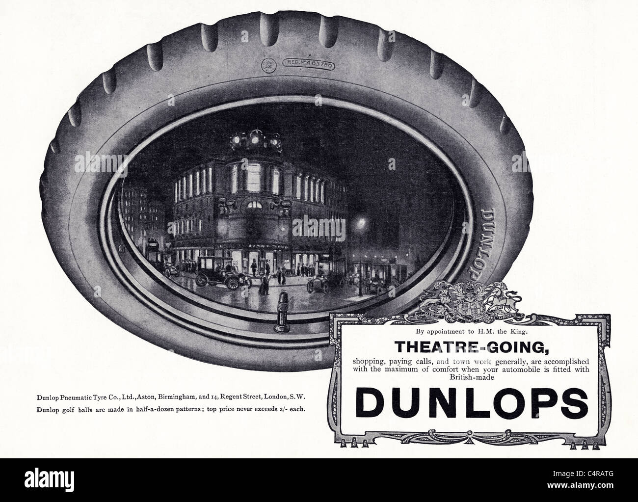 Originalzeitanzeige in Zeitschrift um 1910 für DUNLOP Autoreifen nach königlicher Ernennung zum König H.M. Stockfoto