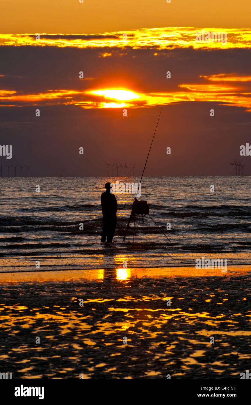 Fischer, Strand, Sonnenuntergang, Küste, Meer, Wellen, Angeln Stockfoto