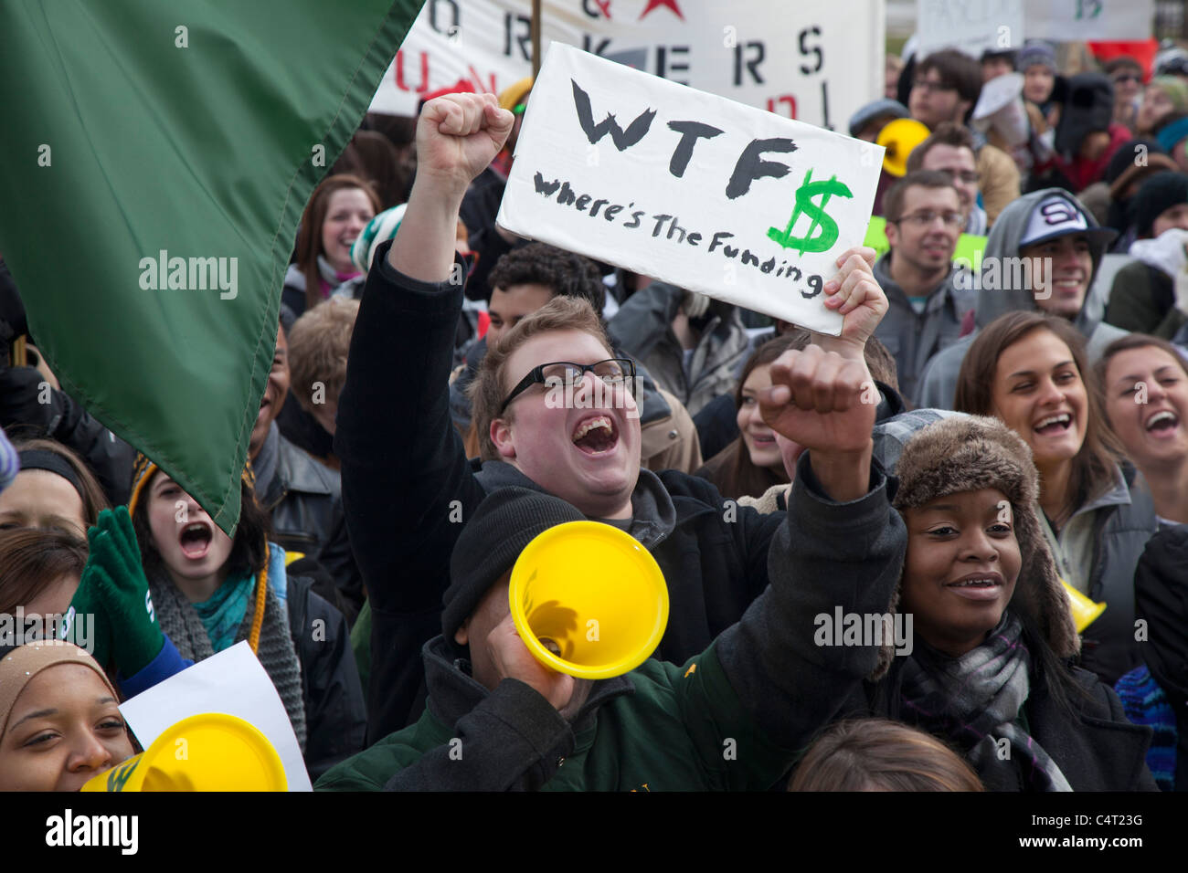 Studenten-Kundgebung gegen Budgetkürzungen für höhere Bildung in Michigan Stockfoto