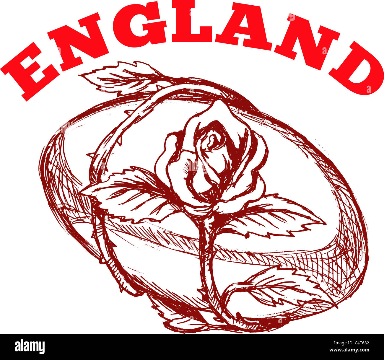 Hand skizzierte Zeichnung Illustration des Rugby-Ball mit rose Blume Ranke umschlungen auf isolierte Hintergrund mit Worten "England" Stockfoto
