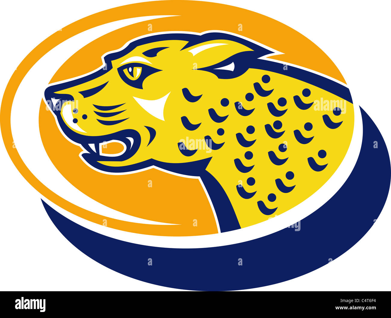 Abbildung eines Jaguar-Kopfes zugewandten Seite innerhalb eines Ovals getan im retro-Stil Stockfoto