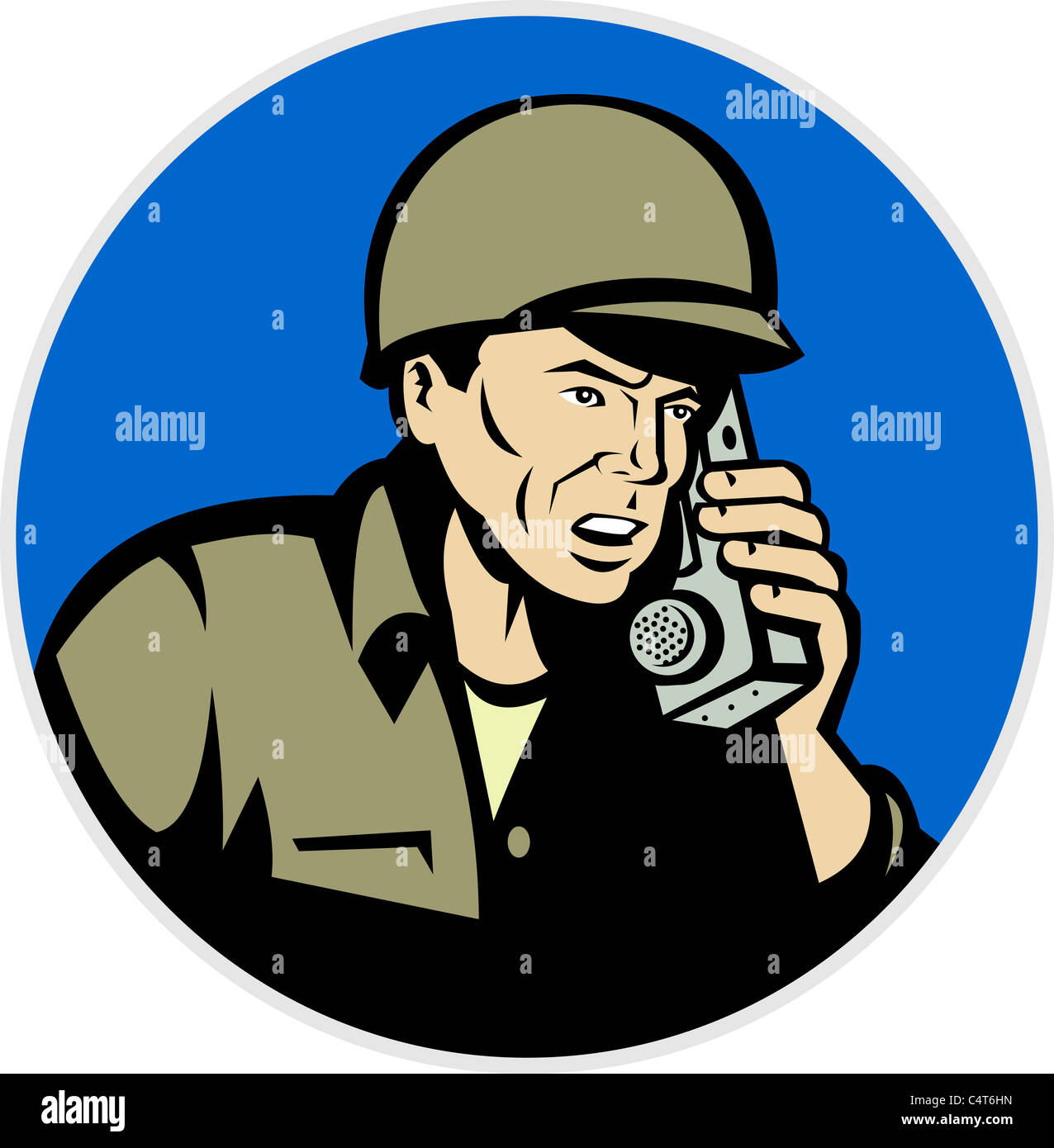 Abbildung eines Zweiter Weltkrieg Soldaten sprechen auf Radio Walkie Talkie Handy getan im retro-Stil im inneren Kreis Stockfoto