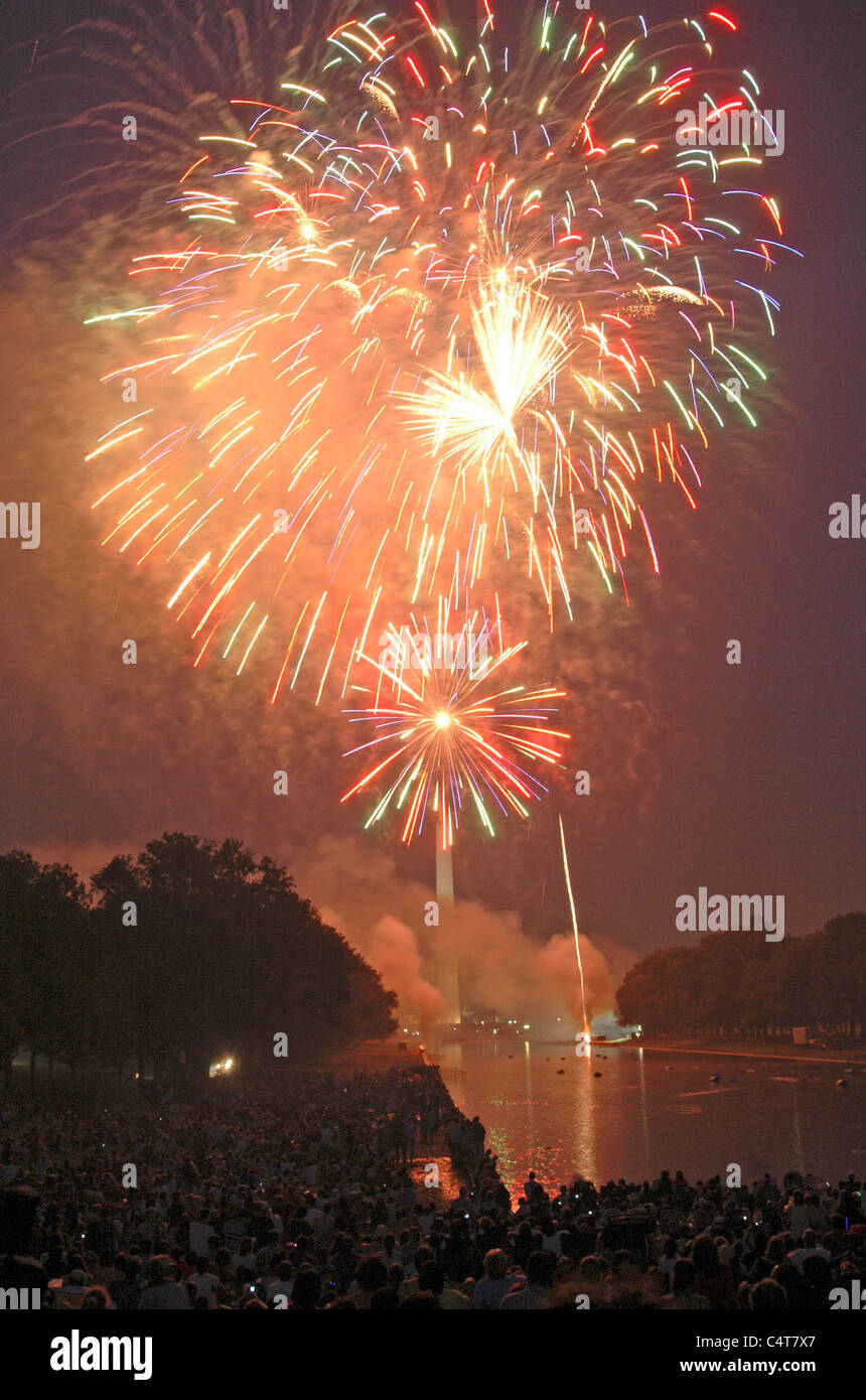 Feuerwerk explodieren über dem Washington Monument und dem Wasserbecken