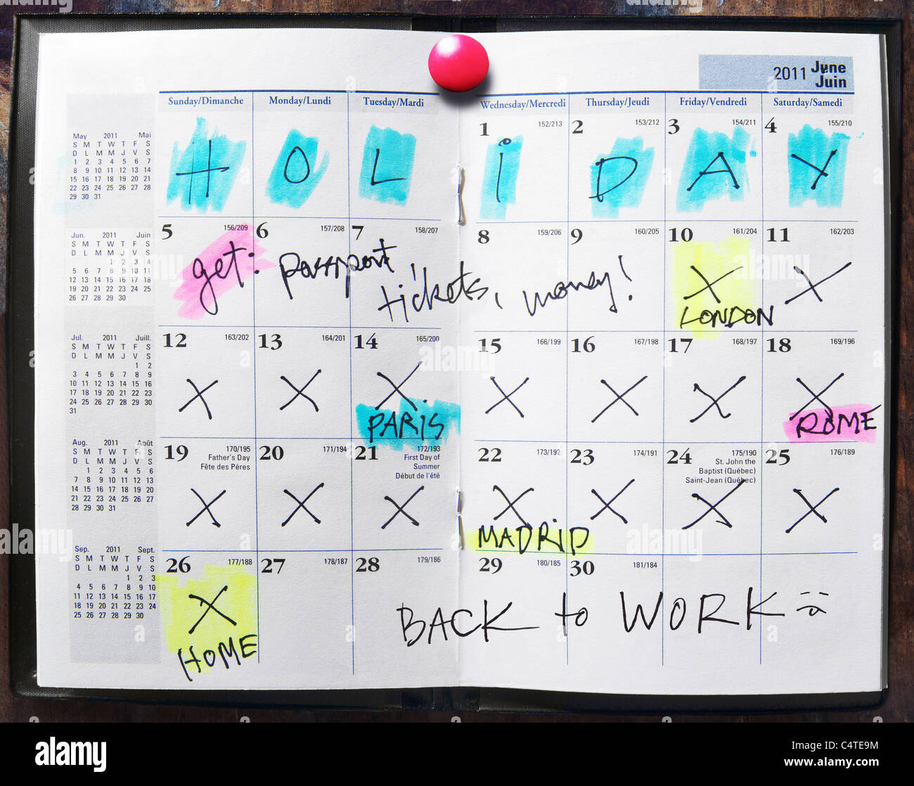 Kalender mit Urlaubspläne Stockfoto