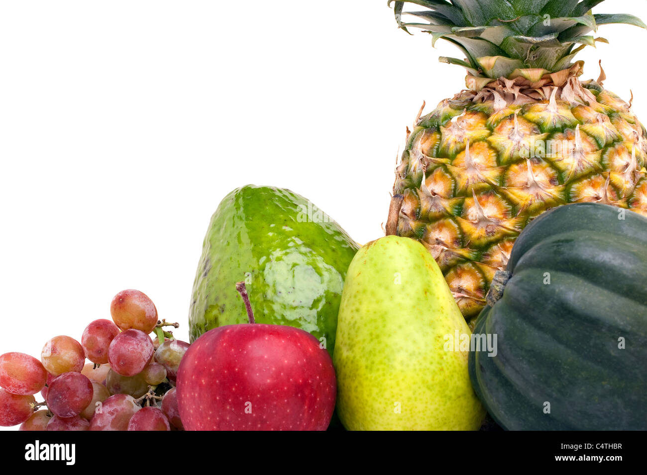 Eine Gruppe von angeordneten frisches Obst und Gemüse über weißen isoliert. Stockfoto