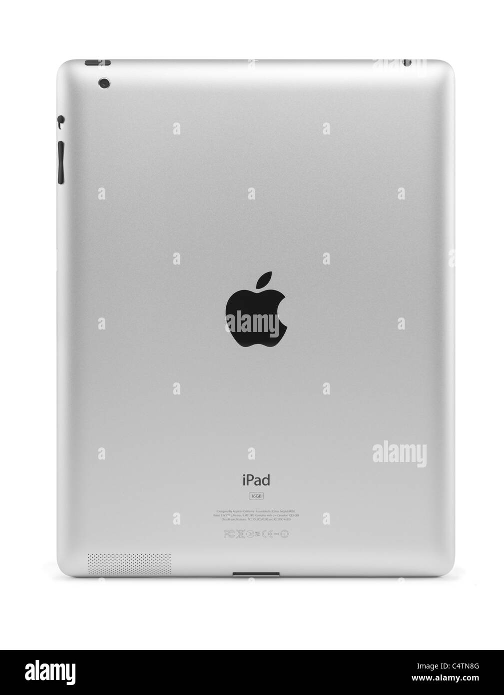 Apple iPad 2 Tablet Computer Rückansicht. Isoliert mit Beschneidungspfad auf weißem Hintergrund. Stockfoto