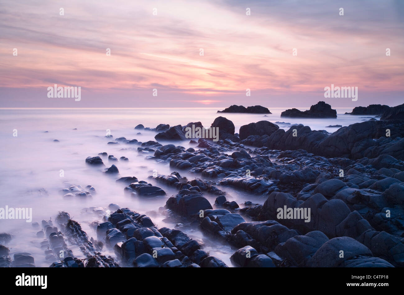 Felsige Küste bei Sonnenuntergang am Hartland Quay. Devon. England. VEREINIGTES KÖNIGREICH. Stockfoto