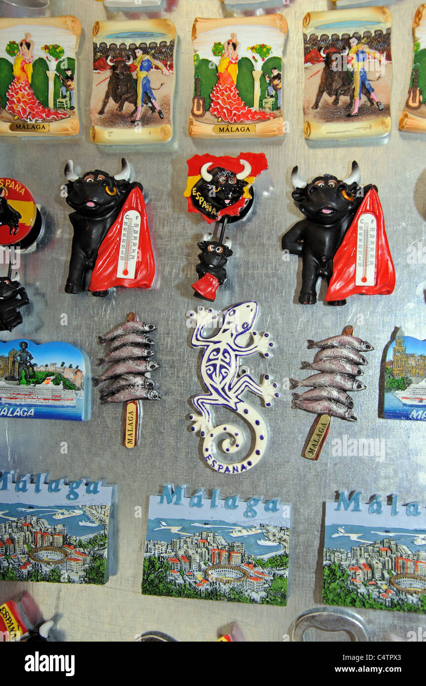 Souvenir Kühlschrank-Magnete, Malaga, Costa del Sol, Provinz Malaga, Andalusien, Spanien, Westeuropa. Stockfoto