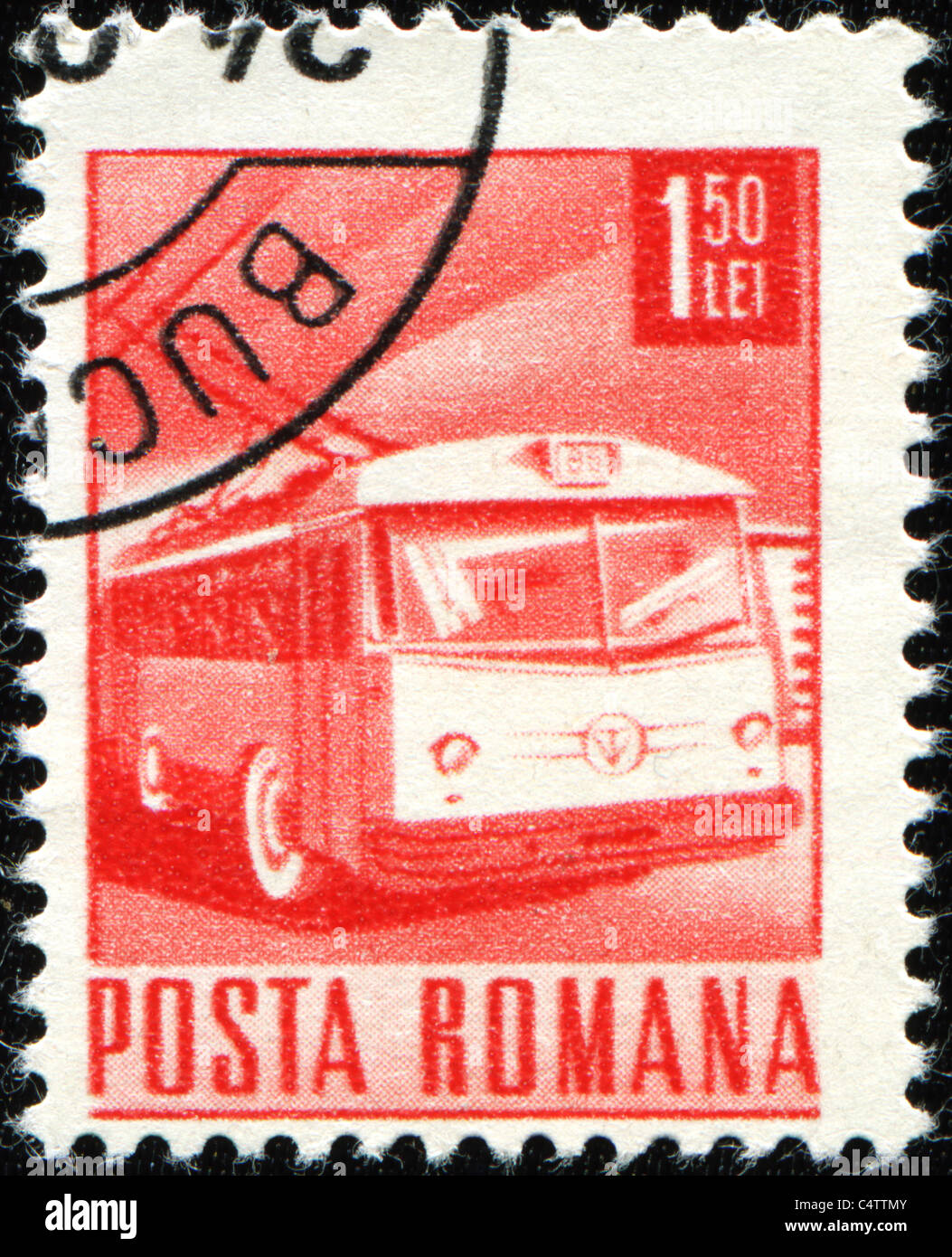 Rumänien - CIRCA 1971: A Briefmarke gedruckt in Rumänien zeigt Trolleybus, ca. 1971 Stockfoto