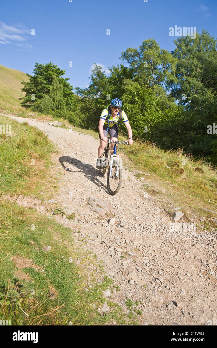 Mann mit Mountainbike, Radfahren auf einem Pfad in der Seenplatte, Cumbria, England Stockfoto