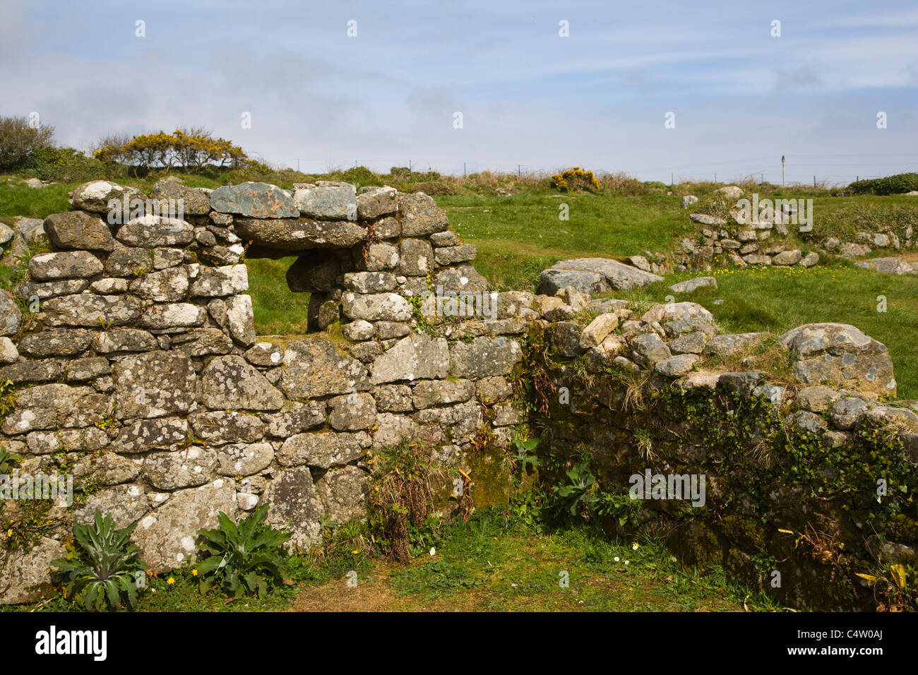 Carn Euny eisenzeitlichen Hof Haus Siedlung, Brane, Sancreed, West Penwith, Cornwall, England, UK Stockfoto