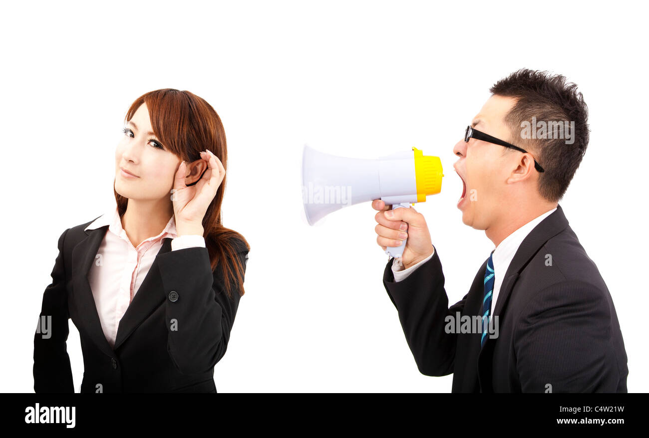 Lautsprecher und hören Konzept. Business-Mann und Frau-Kommunikations-Probleme Stockfoto