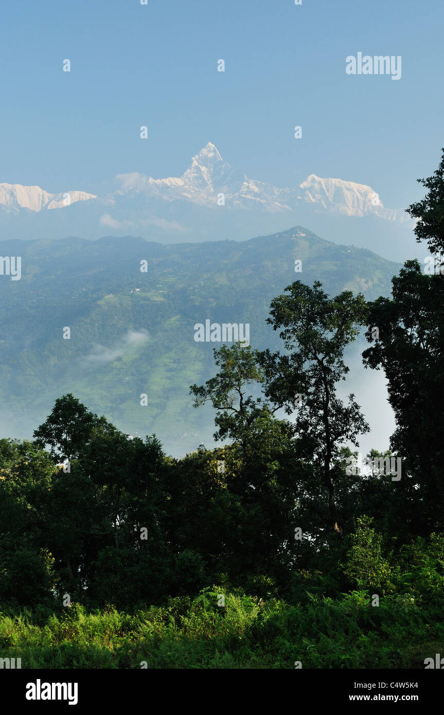 Annapurna Himal und Machapuchare Blick vom Friedenspagode, Pokhara, Gandaki, Pashchimanchal, Nepal Stockfoto
