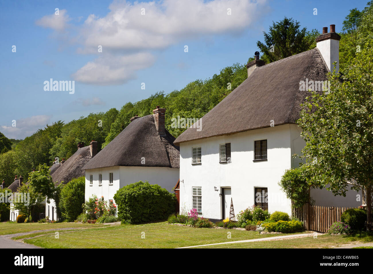 Reihe von freistehenden strohgedeckten Hütten, Milton Abbas Dorf, Dorset, England, Großbritannien Stockfoto