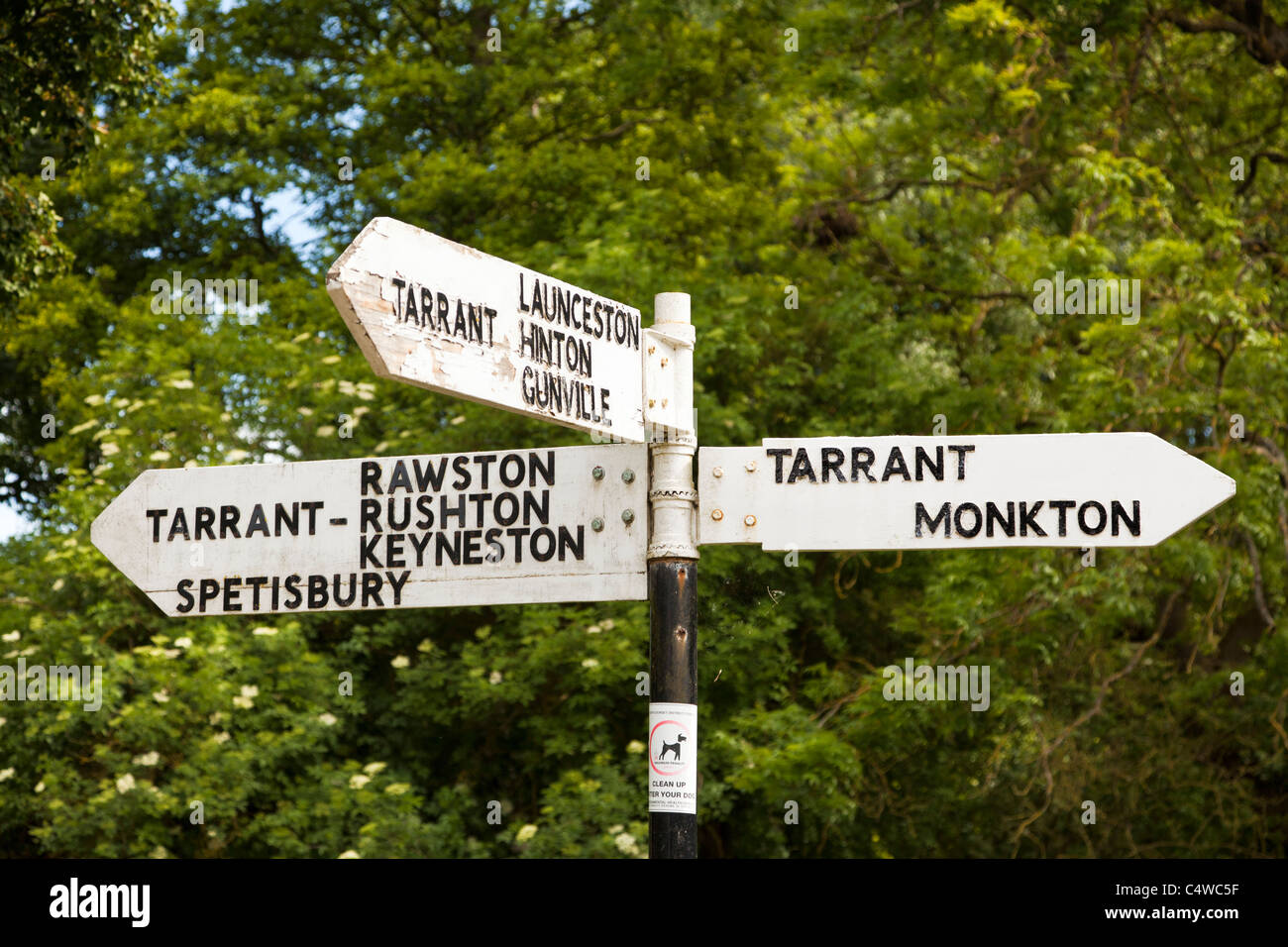 Wegweiser zeigen lokale Richtungen in die Tarrants Dörfer in Dorset, England, UK Stockfoto