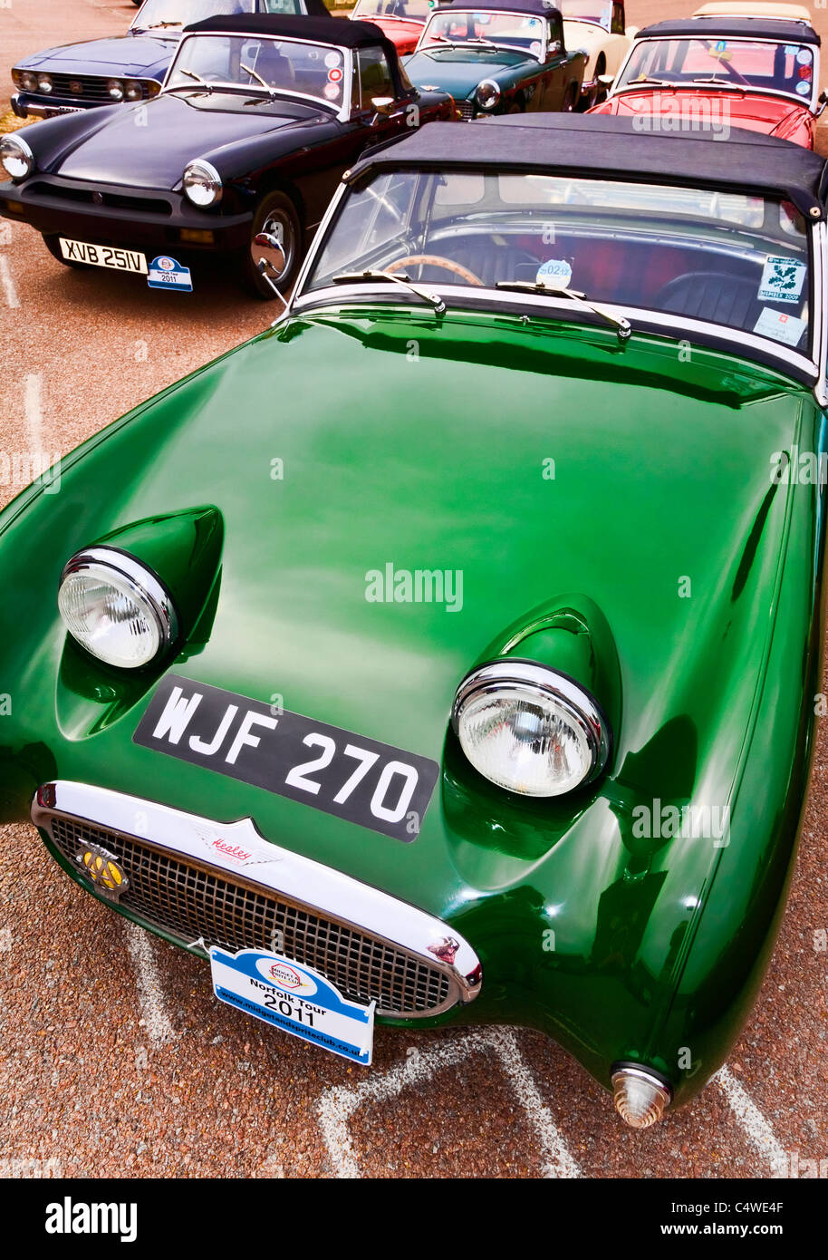 Austin Healey Frogeye Sprite. Midget und Sprite Club Norfolk Tour. Aylsham, Norfolk, Großbritannien. Stockfoto