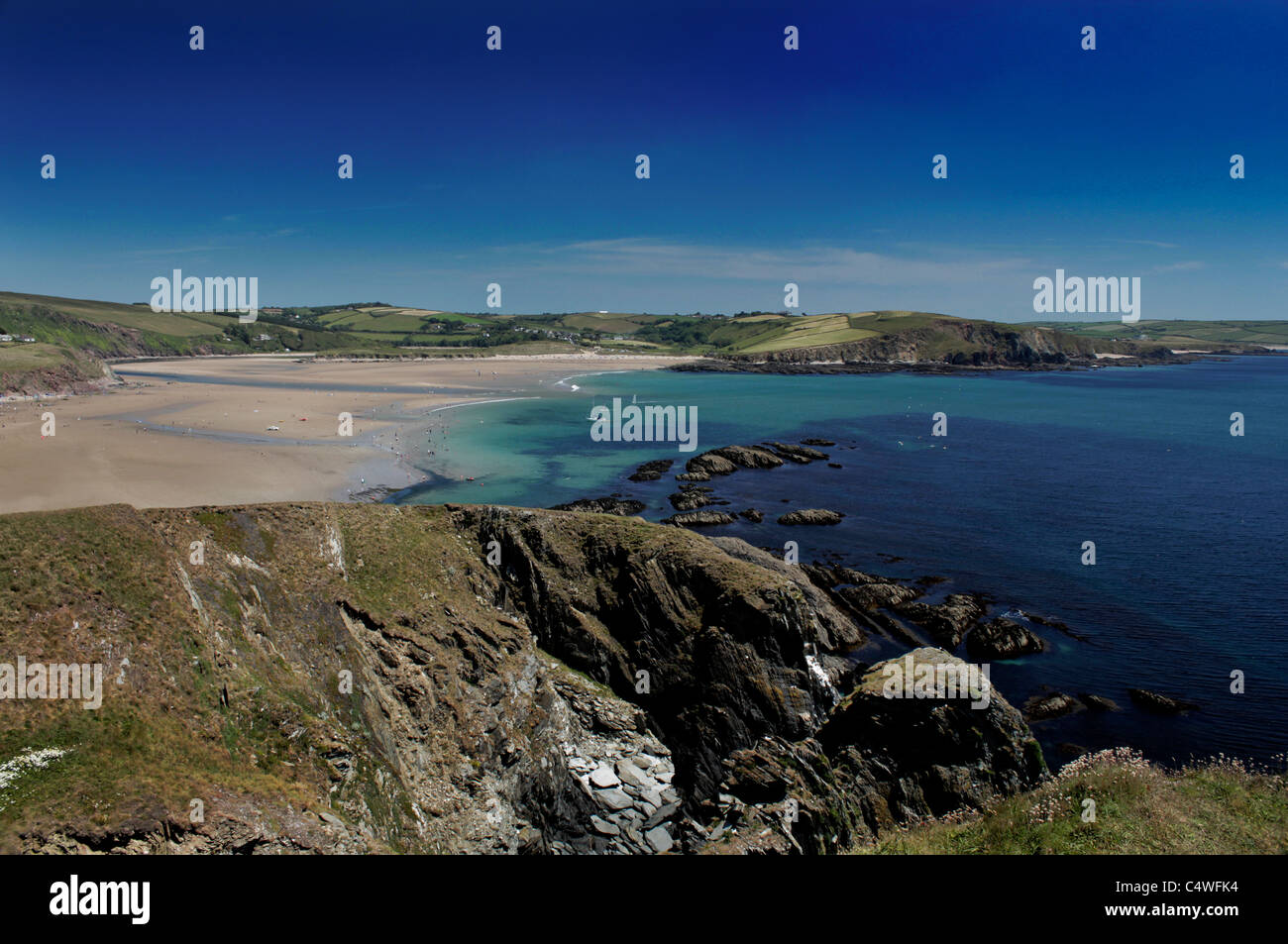Blick über Bigbury und Bantham Strände, South Devon, Großbritannien, von Burgh Island Stockfoto