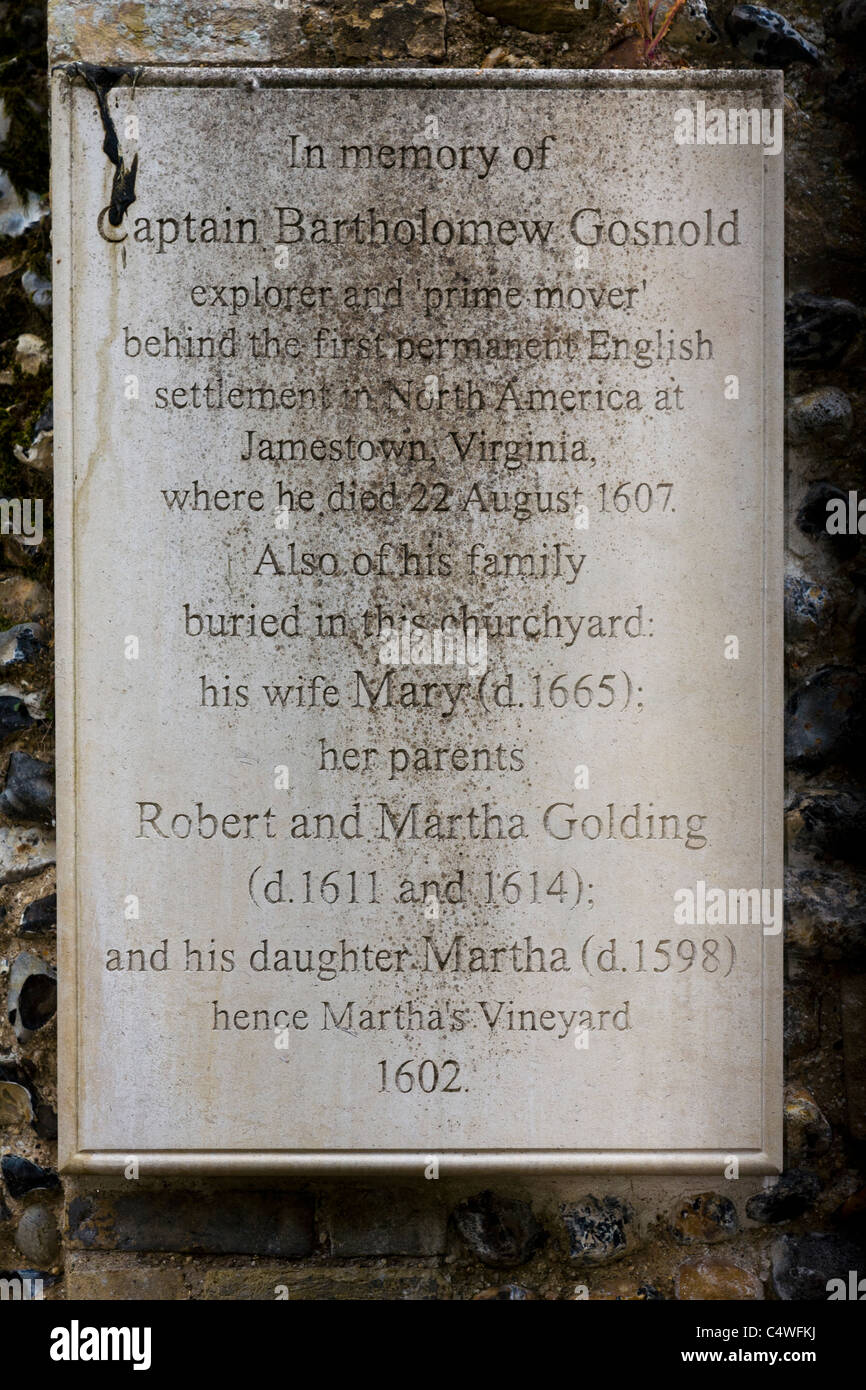 Memorial Grabstein zu Kapitän Bartholomew Gosnold, treibende Kraft hinter der Besiedlung von Virginia. Bury St Edmunds, Suffolk UK Stockfoto