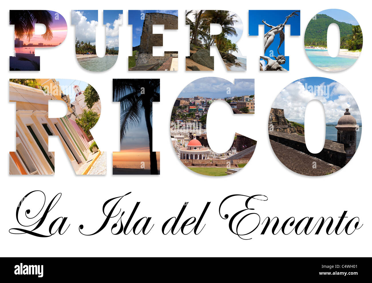 Die Worte Puerto Rico La Isla Del Encanto, wodurch die Insel der Verzauberung. Berühmte Orte sind in die Buchstaben montiert. Stockfoto