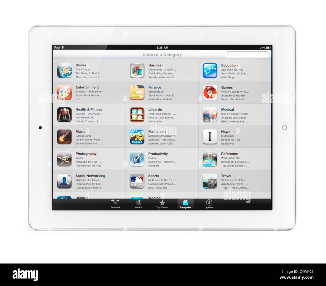 Apple iPad 2 Tablet-Computer mit app-Shop-Kategorien auf dem Display. Isoliert mit Beschneidungspfad auf weißem Hintergrund. Stockfoto
