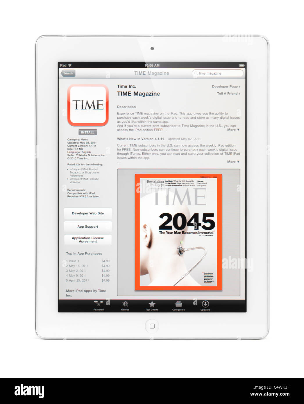 Apple iPad 2 Tablet-Computer mit Zeit Zeitschrift Anwendung im AppStore auf dem Display. Isoliert auf weißem Hintergrund. Stockfoto