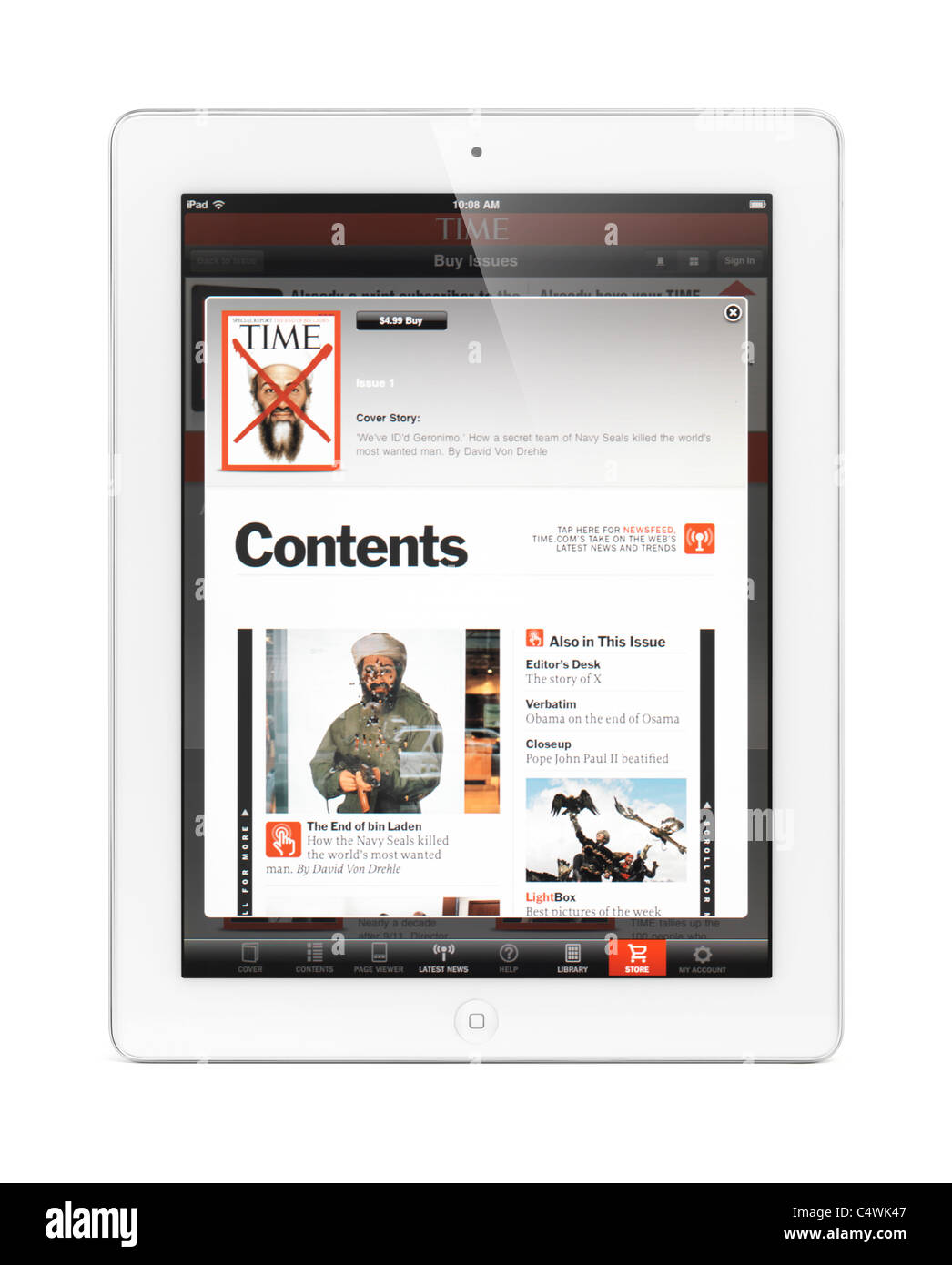 iPad 2 mit elektronischen Ausgabe des Time Magazine auf dem Display. Isoliert mit Beschneidungspfad auf weißem Hintergrund. Stockfoto