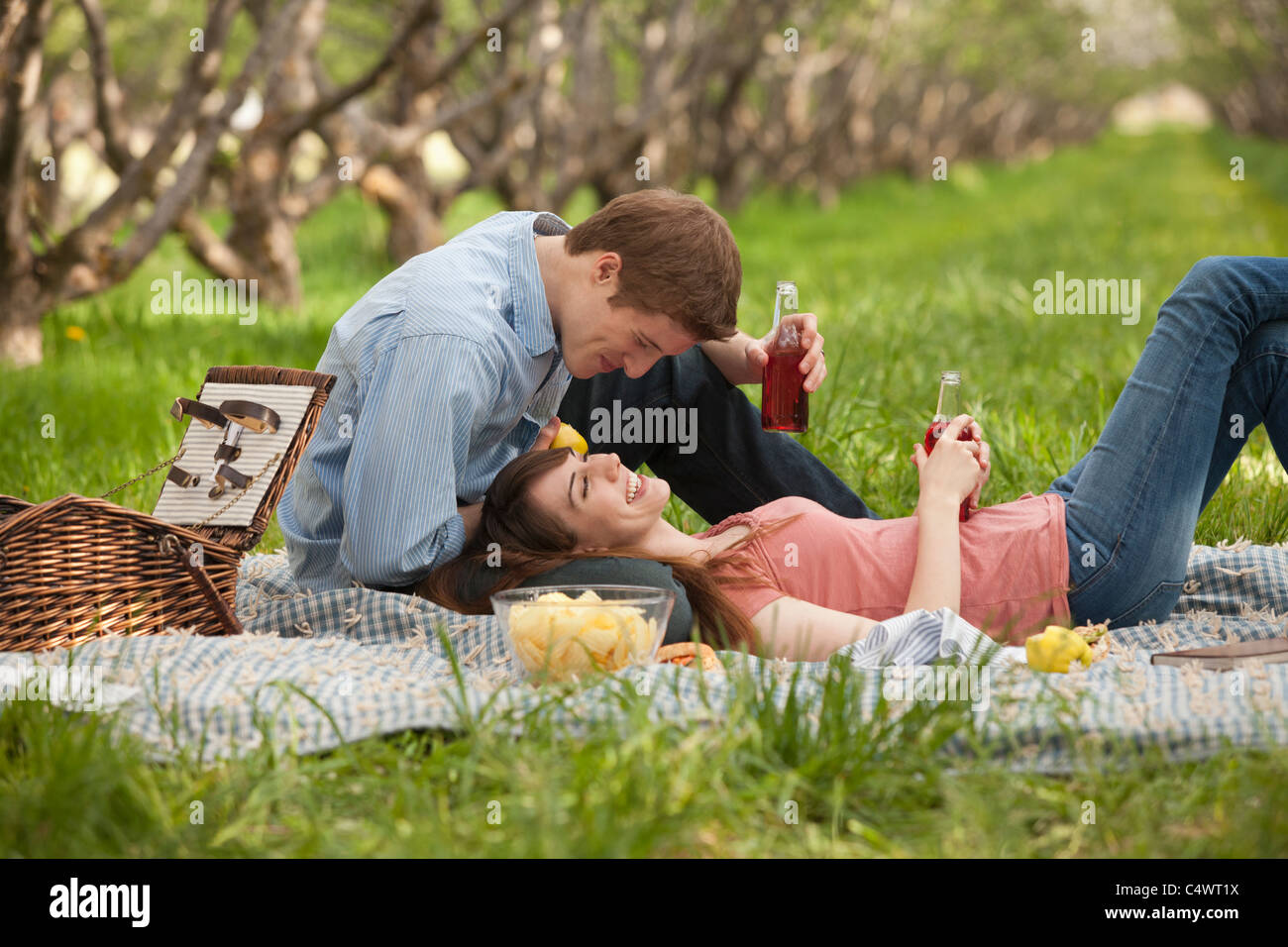 USA, Utah, Provo, junges Paar mit Picknick im Obstgarten Stockfoto