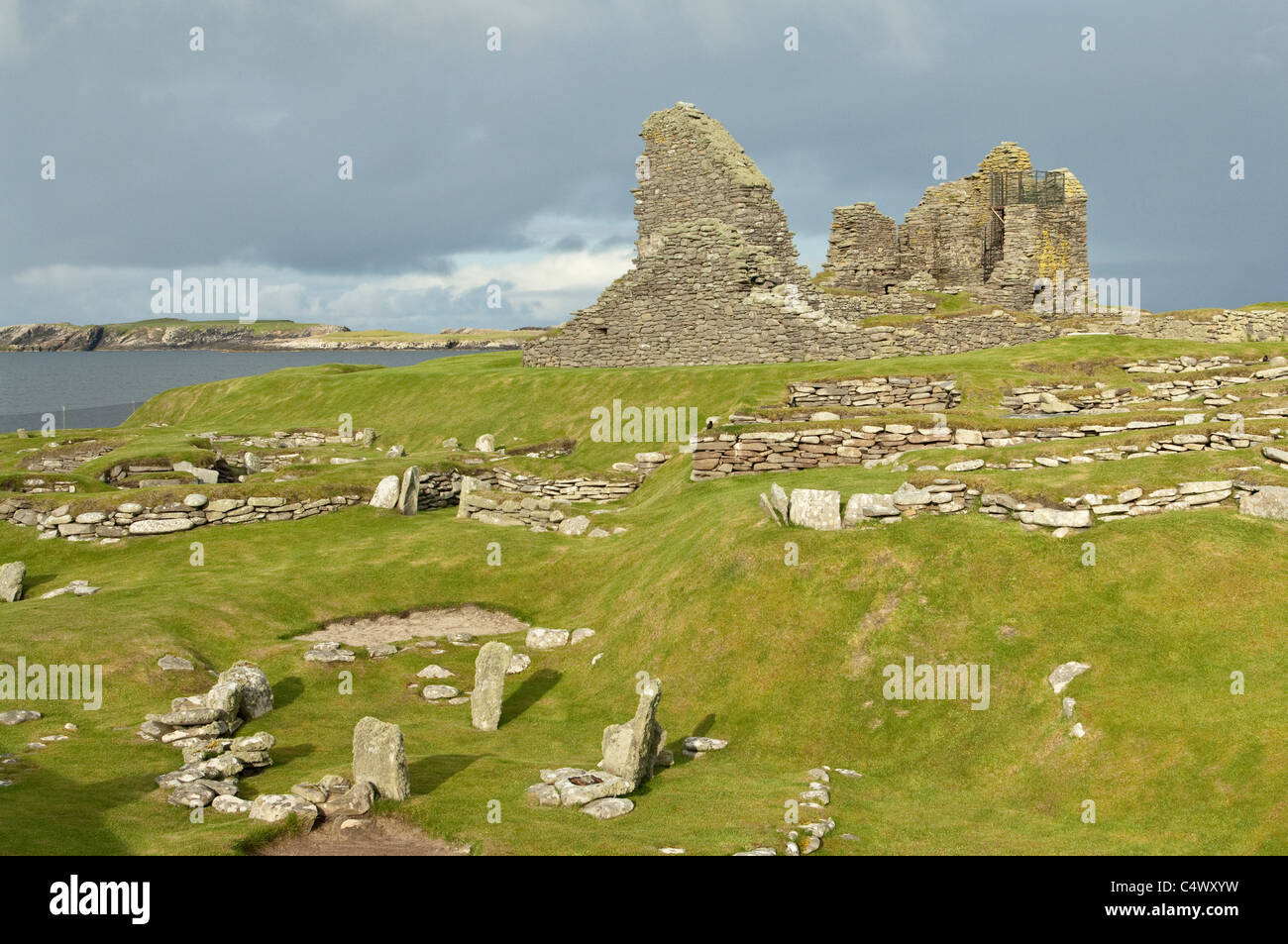 Jarlshof prähistorische und nordische Siedlung, Sumburgh Shetlandinseln subarktischen Inseln Schottland Großbritannien Europa Stockfoto