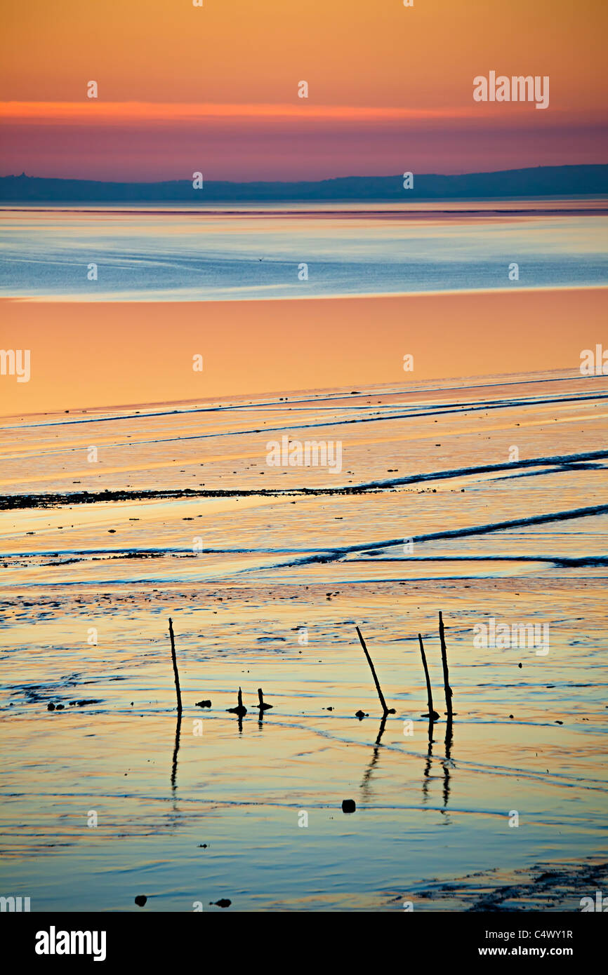 Sonnenuntergang über den Strand und Wattenmeer, der Vogel Fütterung bei Goldcliff in der Nähe von Newport Gwent Wales UK erdet Stockfoto