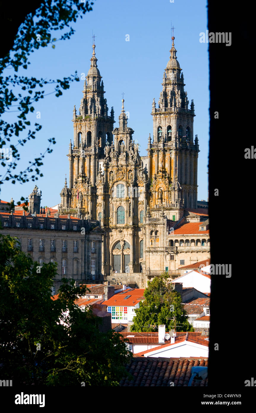 Kathedrale von Santiago De Compostela, durch Bäume gesehen Stockfoto