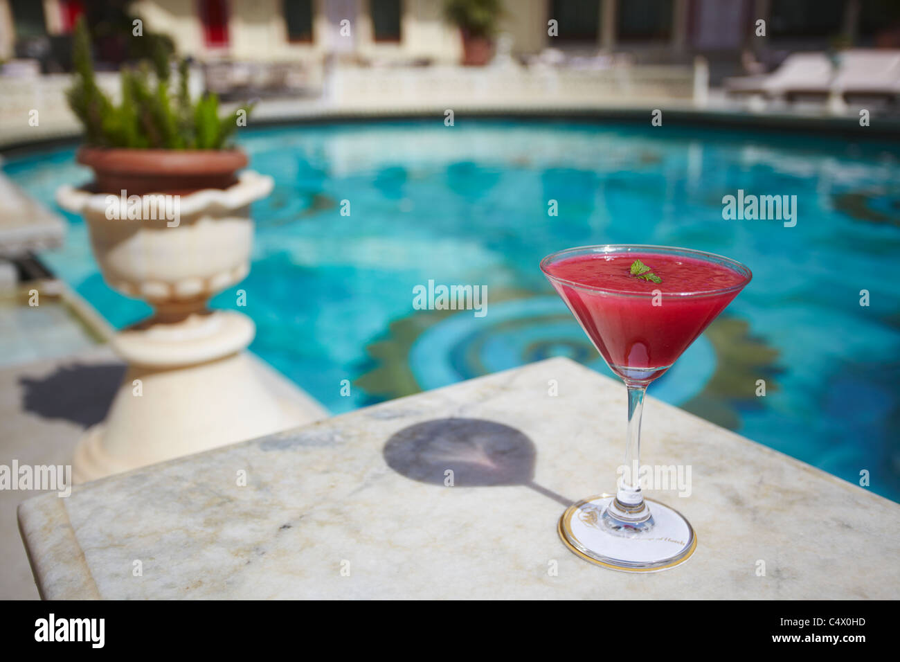 Exotischen Drink am Pool bei Shiv Niwas Palace Hotel, Udaipur, Rajasthan, Indien Stockfoto