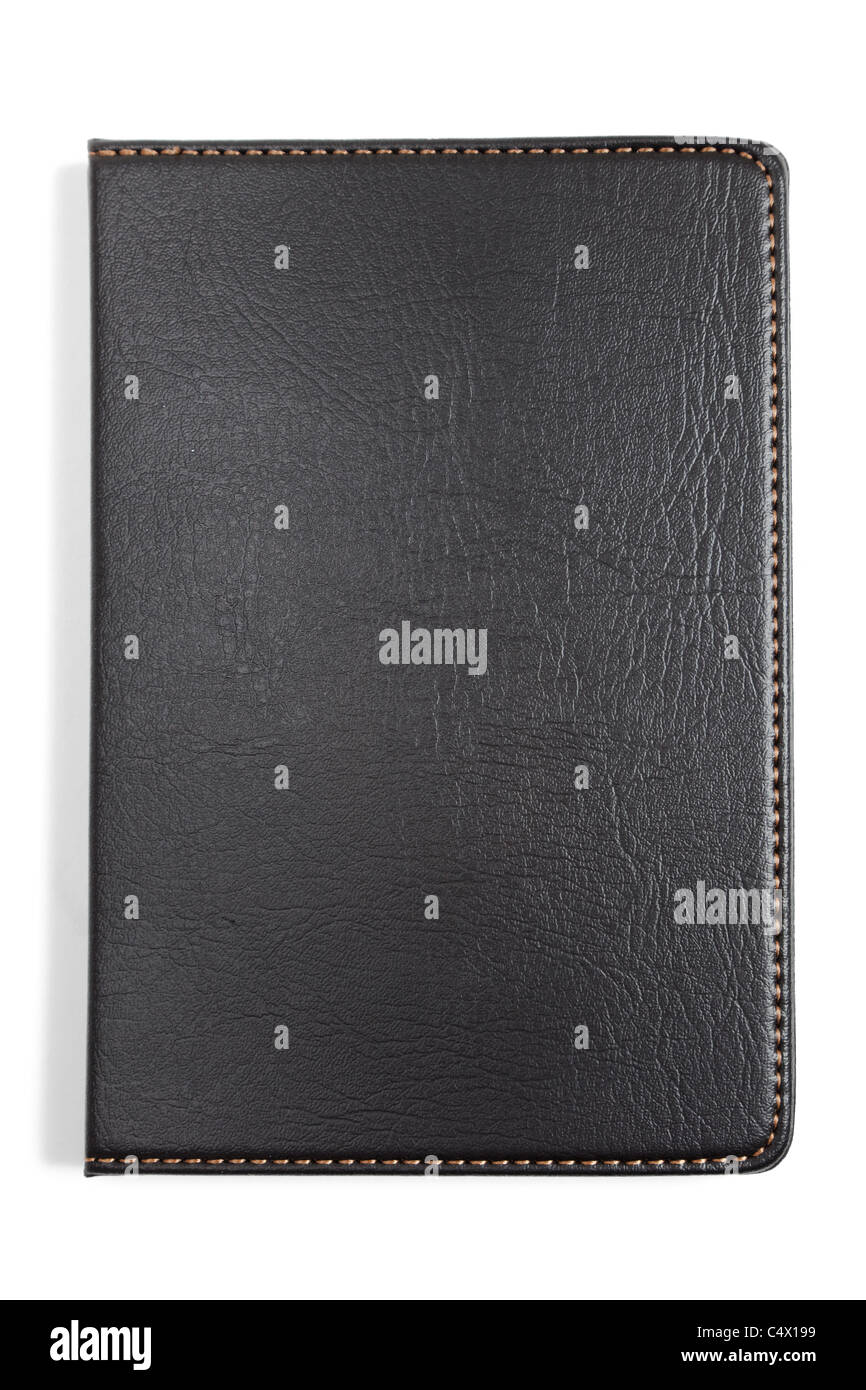 Schwarz Leder Notebook mit weißem Hintergrund Stockfoto