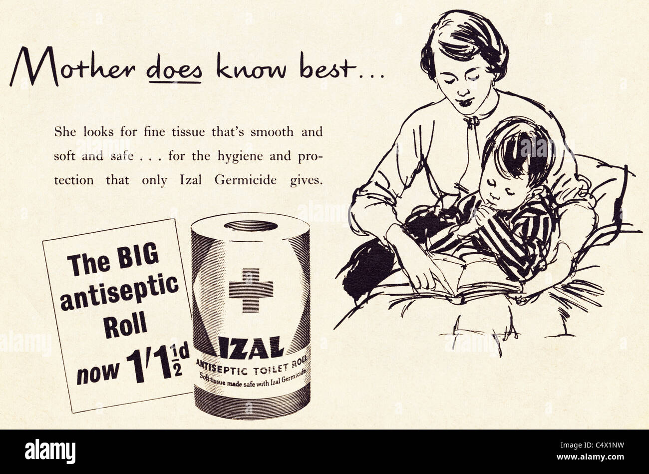 Originalwerbung in der Zeitschrift ca. 1953 Werbung für IZAL antiseptisches toilettenpapier mit Mutter und Kind Stockfoto