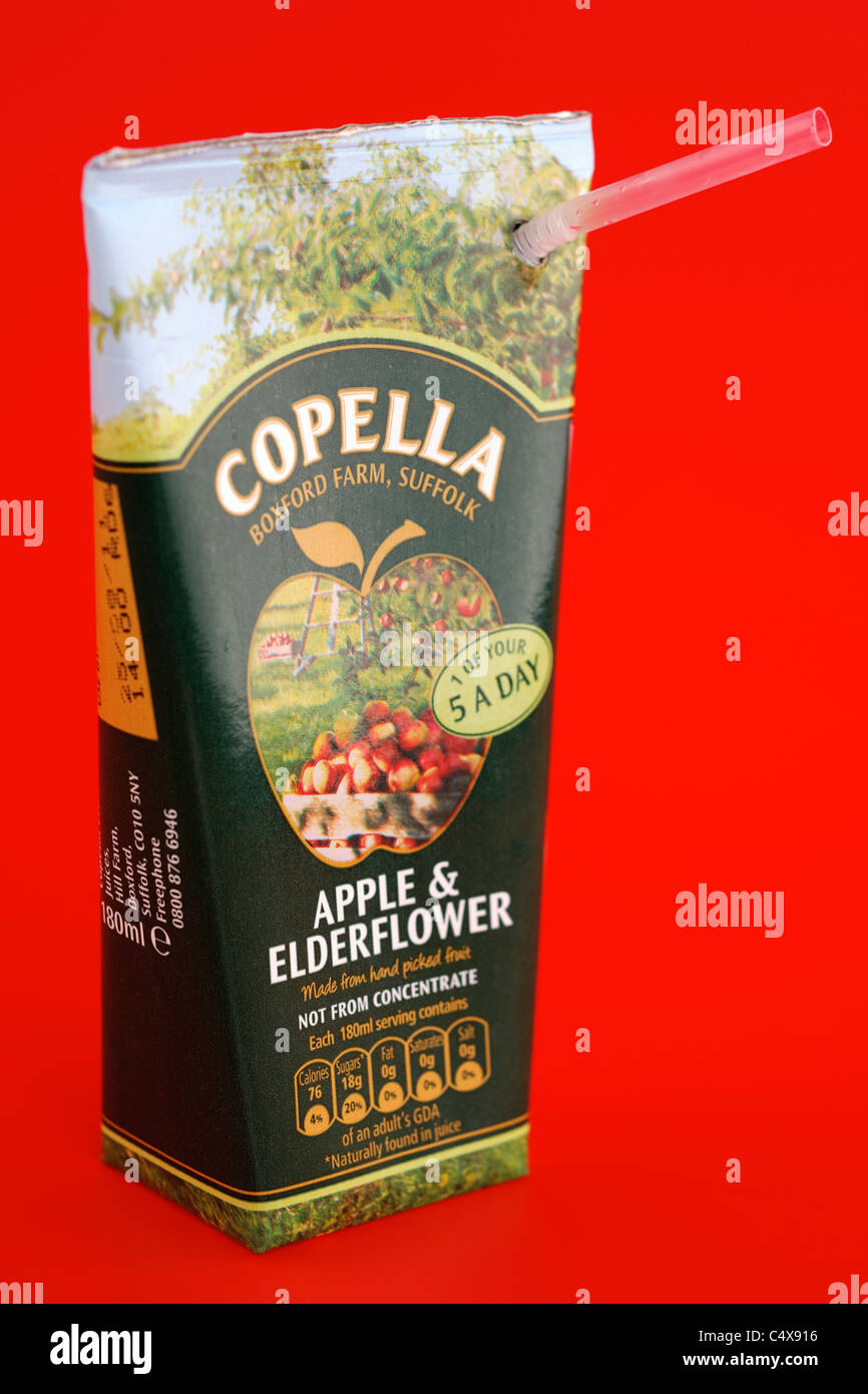 Kunststoff Stroh in einer kleinen 180ml Karton Copella Apfel und Holunderblüten natürlichen Fruchtsaft Stockfoto