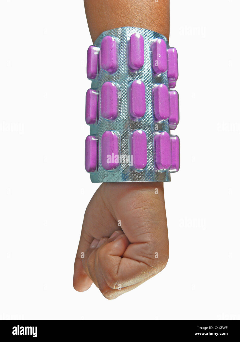 Packung von Pillen, Tabletten Medizin um menschlichen Arm, Konzept Stockfoto