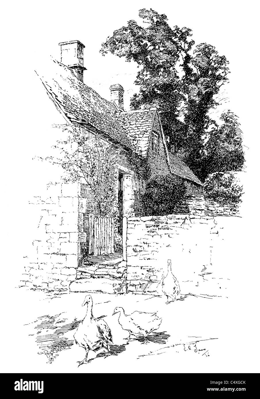 Arlington, Gloucestershire - Stift und Tinte Illustration aus "Alten englischen Country Cottages" von Charles Holme, 1906. Stockfoto