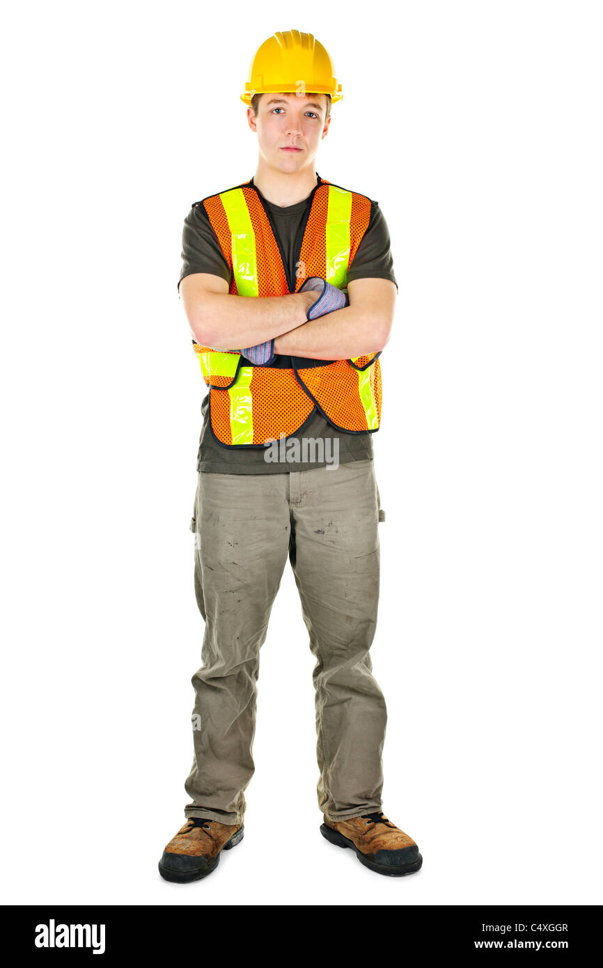 Schweren männlichen Bauarbeiter in Warnweste und Schutzhelm Stockfoto