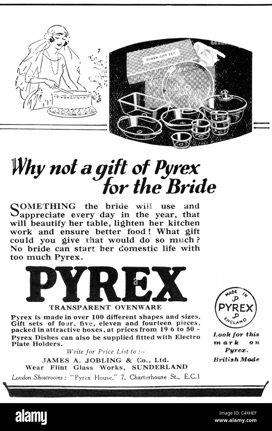 1926 "Pyrex" Werbung aus "Homes and Gardens" Magazin. Stockfoto