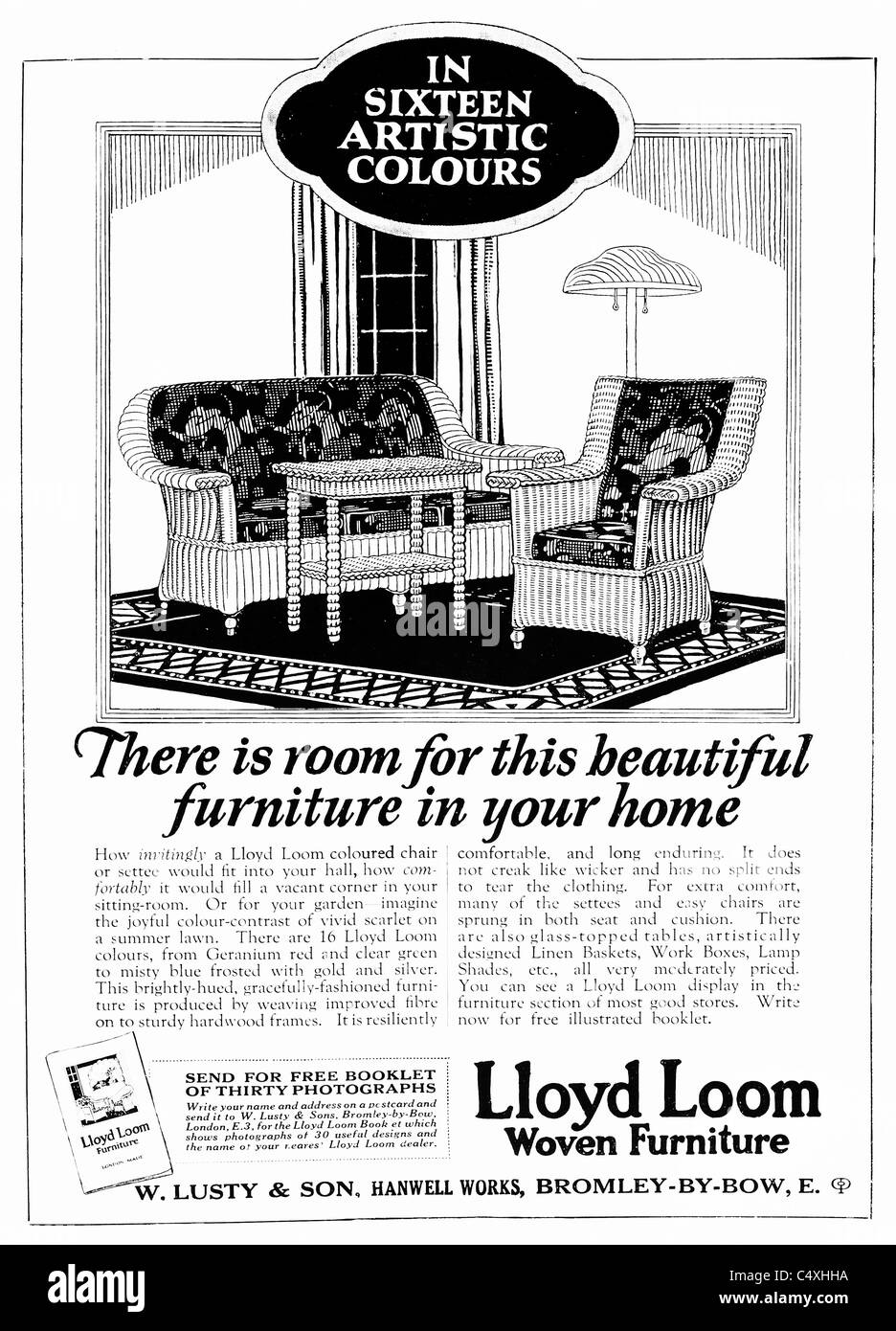 1926 "Lloyd Loom" gewebt Möbel Werbung von "Homes and Gardens"-Magazin. Stockfoto