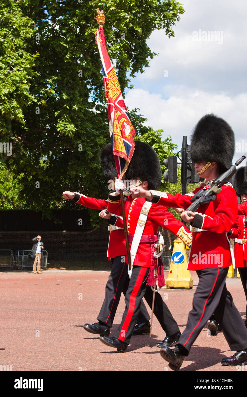 Gardist Offizier tragen die Farben zum Buckingham Palace für die Wachablösung Stockfoto