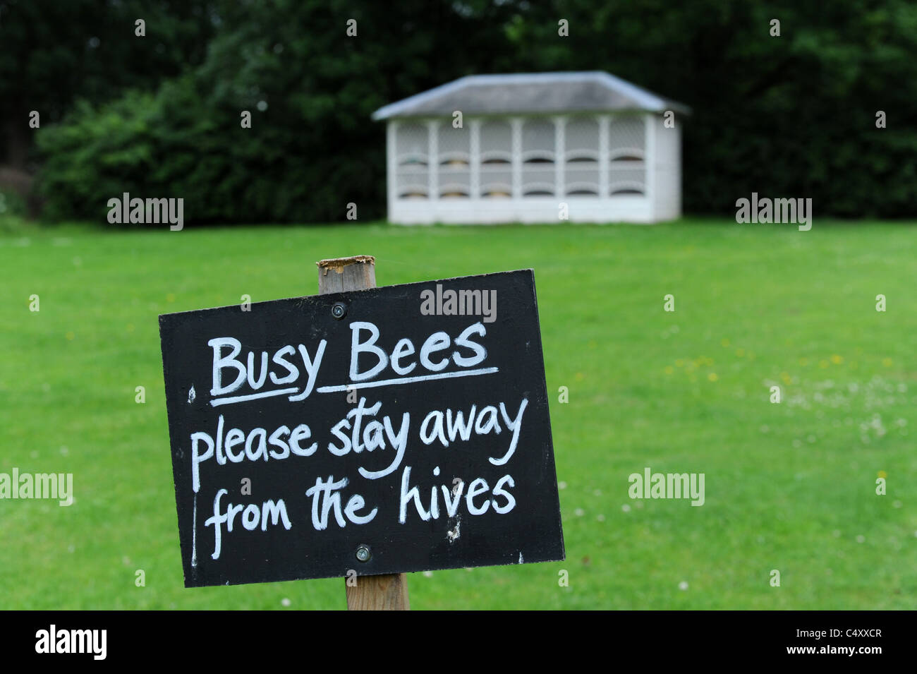 Fleißige Bienen Warnzeichen in der Nähe von georgischen Bienenhaus Stockfoto