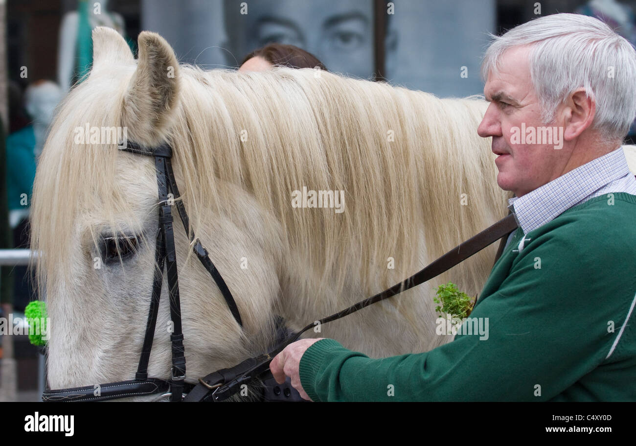 Mann und sein Pferd in eine St. Patricks Day parade in Nottingham uk Stockfoto