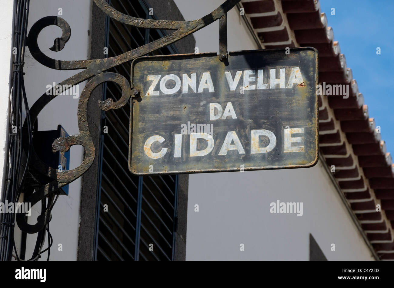 Nahaufnahme von Zona velha da Cidade Altstadt Schild Funchal Madeira Portugal EU Europa Stockfoto