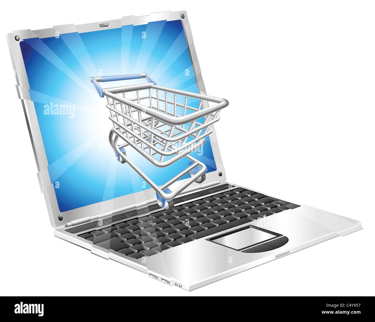 Internet shopping Laptop-Konzept-Darstellung. Warenkorb herausfliegen Laptop-Bildschirm. Stockfoto