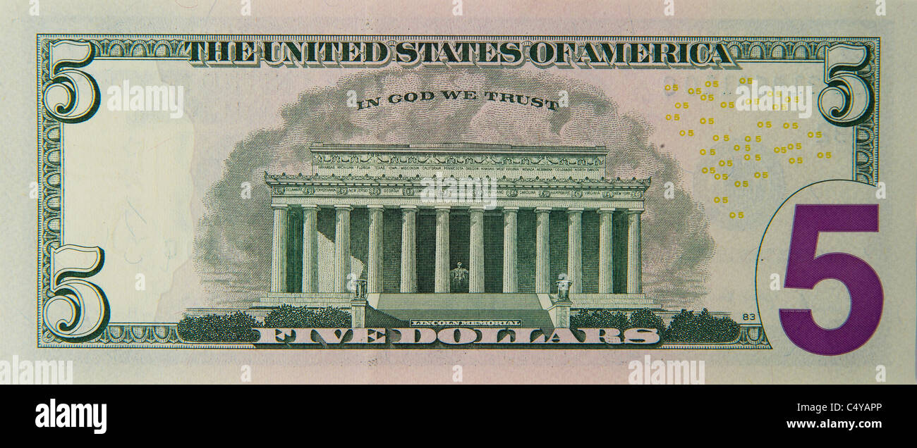 fünf 5 Dollar Bill Hinweis Rechnungen Dollarnoten Stockfoto